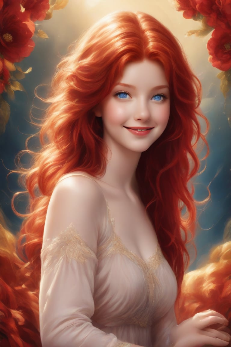 Conrad Rosset's whimsical portrait of a 17-year-old redhead: A bright-eyed beauty with a captivating smile and sparkling blue eyes, framed by a tumble of curly locks tied with a white ribbon. Her hair, ablaze with vibrant hues of red, orange, and pink, appears to be set aflame, as if infused with the fiery spirit within. She winks knowingly at the viewer, her lips curled upward in a mischievous grin, all beneath a warm, golden light.,Supreme