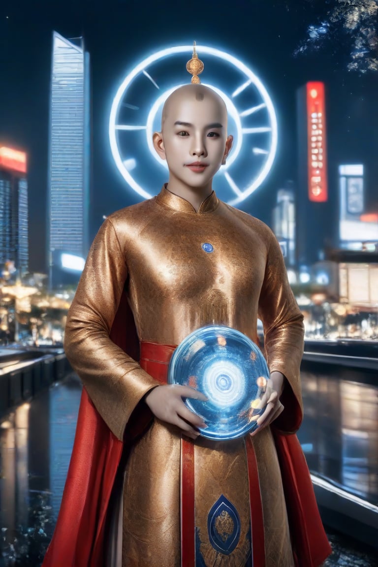 A majestic bald figure with East Asian features stands against a sleek, modern cityscape backdrop, richly decorated traditional robe shining with golden and red motifs that signify high status or ceremonial significance. The central forehead marking aglow on the subject's face, worn ornate attire adorned with intricate circular patterns and designs. Glowing orb in hand emits blue light, focal point amidst futuristic elements blending ancient traditions with technological advancements, suggesting a harmonious fusion of legacy, power, and enlightenment.