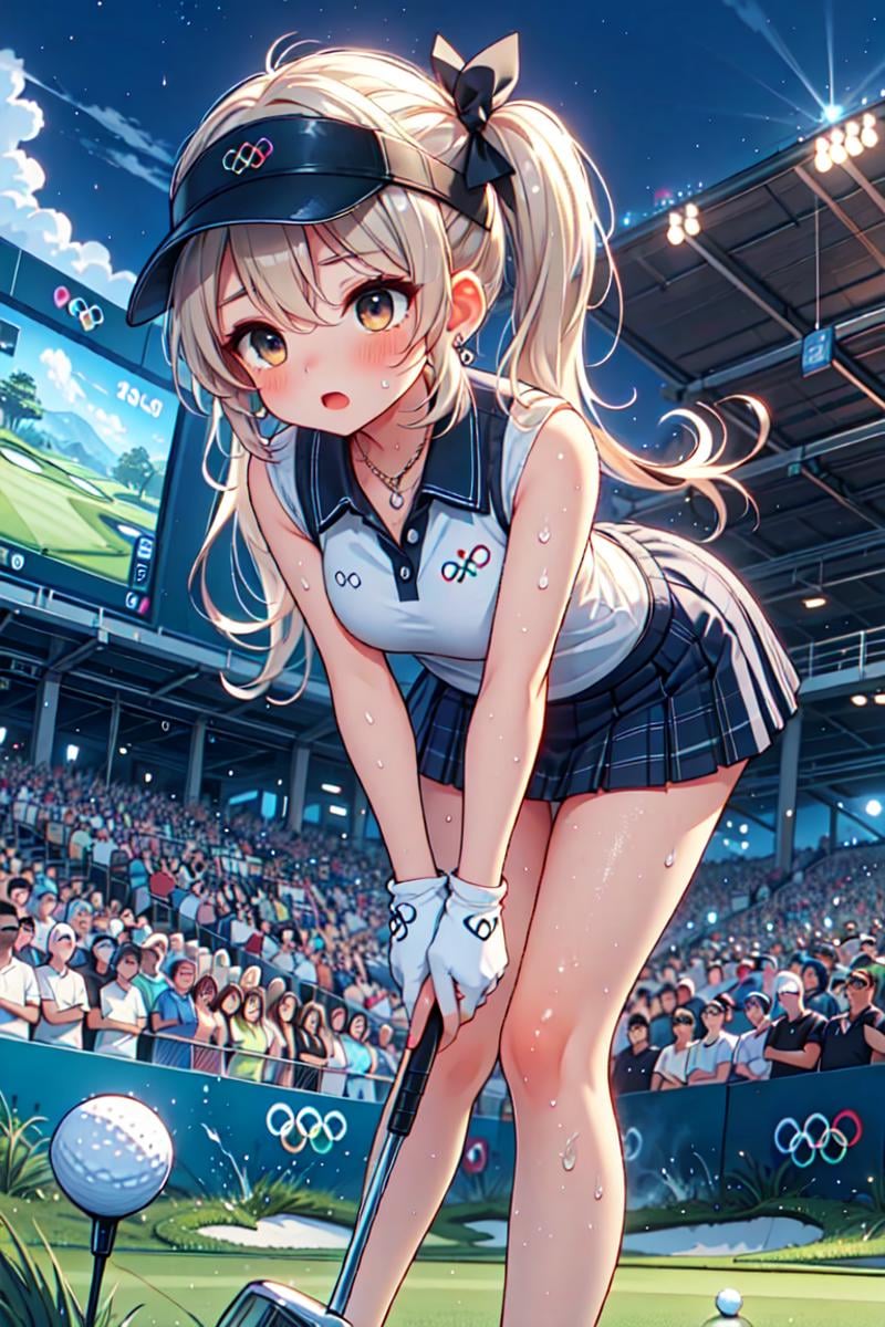 (((from below))), (((close-up))), ((playing golf)), ((holding golf club)), ((golf course)), ((knee with one leg)), bent over, leaning forward, olympic rings, visor cap, polo shirt, sleeveless, plaid skirt, ass, floating hair, blonde hair, twintails, ribbon, earrings, jewelry, big tits, open mouth, shy, blush, frown, searchlight, night, flag, turf, scoreboard, sweat, cloud, [[ball]], <lora:girllikeplayinggolf:0.9>