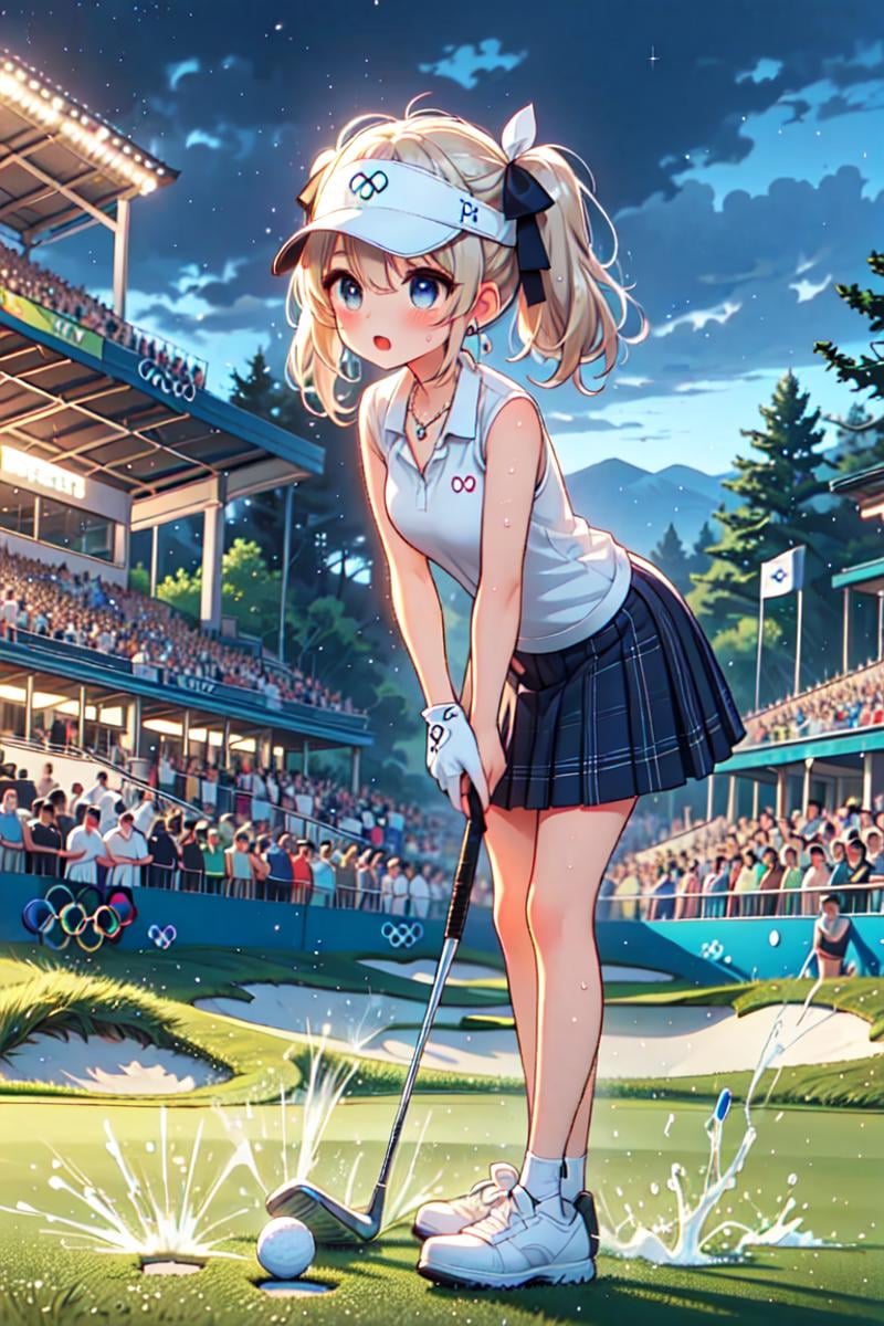 ((playing golf)), ((holding golf club)), ((golf course)), bent over, leaning forward, olympic rings, visor cap, polo shirt, sleeveless, plaid skirt, ass, floating hair, blonde hair, twintails, ribbon, earrings, jewelry, big tits, open mouth, shy, blush, frown, searchlight, night, flag, turf, scoreboard, sweat, cloud, [[ball]], <lora:girllikeplayinggolf:0.9>