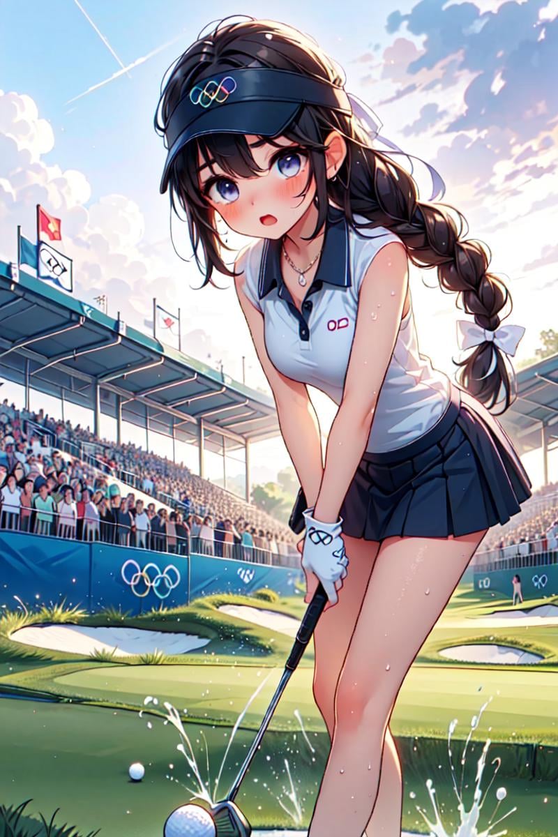 ((playing golf)), ((holding golf club)), ((golf course)), bent over, leaning forward, olympic rings, visor cap, polo shirt, sleeveless, skirt, ass, floating hair, brown hair, braid, ribbon, big tits, open mouth, shy, blush, frown, flare, close-up, scoreboard, outdoors, cloud, sunset, purple sky, indigo sky, <lora:girllikeplayinggolf:0.9>