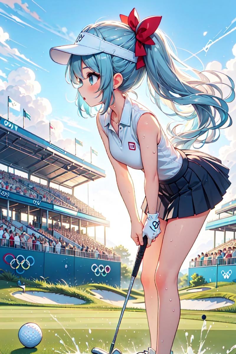 ((profile)), ((close-up)), ((playing golf)), ((holding golf club)), ((golf course)), bent over, leaning forward, olympic rings, visor cap, polo shirt, sleeveless, skirt, ass, floating hair, ((aqua hair)), ((red bow)), wavy hair, messy hair, ribbon, big tits, open mouth, shy, blush, frown, scoreboard, outdoors, dark, turf, hill, shadow, cloud, wind, wind, ball, <lora:girllikeplayinggolf:0.9>