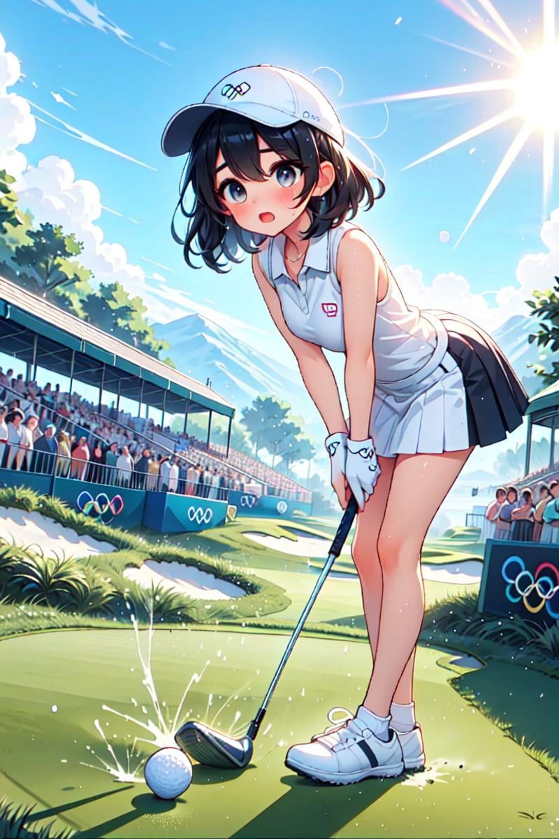 ((playing golf)), ((holding golf club)), ((golf course)), bent over, leaning forward, olympic rings, visor cap, polo shirt, sleeveless, skirt, ass, floating hair, big tits, open mouth, shy, blush, frown, flare, close-up, scoreboard, outdoors, <lora:girllikeplayinggolf:0.9>