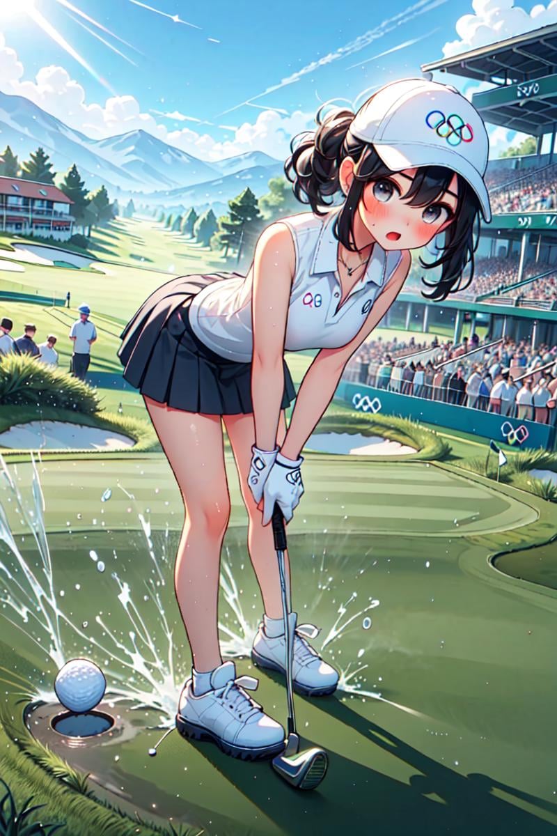 ((playing golf)), ((holding golf club)), ((golf course)), bent over, leaning forward, olympic rings, visor cap, polo shirt, sleeveless, skirt, ass, floating hair, big tits, open mouth, shy, blush, frown, flare, close-up, scoreboard, outdoors, <lora:girllikeplayinggolf:0.9>