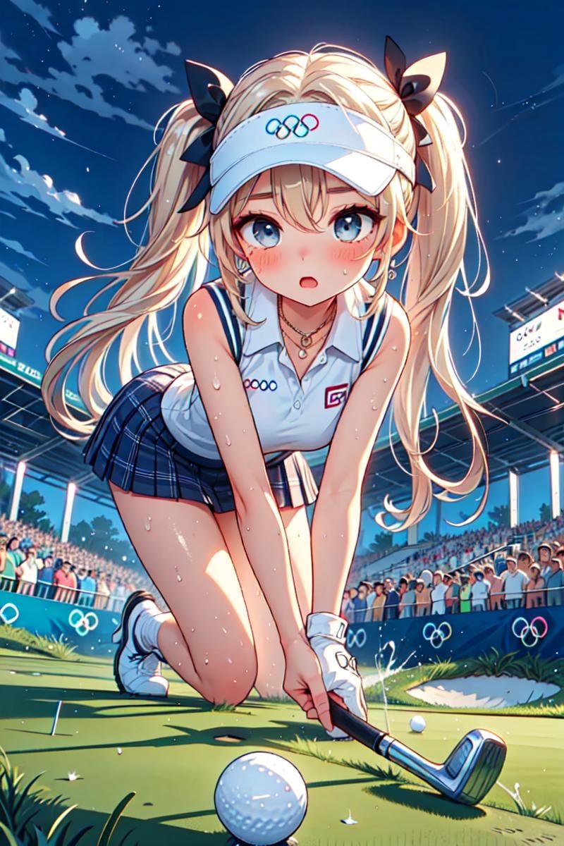 (((from below))), (((close-up))), ((playing golf)), ((holding golf club)), ((golf course)), ((on one knee)), bent over, leaning forward, olympic rings, visor cap, polo shirt, sleeveless, plaid skirt, ass, floating hair, blonde hair, twintails, ribbon, earrings, jewelry, big tits, open mouth, shy, blush, frown, searchlight, night, flag, turf, scoreboard, sweat, cloud, [[ball]], <lora:girllikeplayinggolf:0.9>