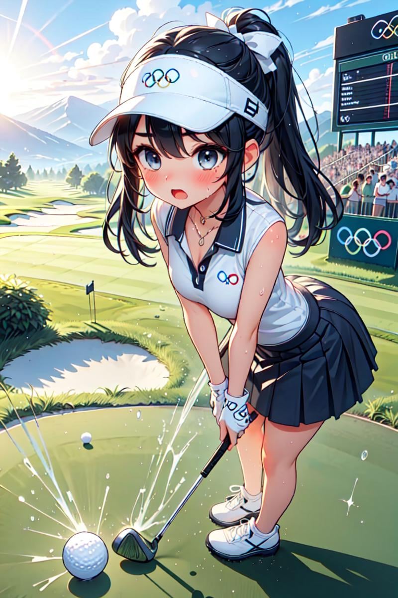 ((playing golf)), ((holding golf club)), ((golf course)), bent over, leaning forward, olympic rings, visor cap, polo shirt, sleeveless, skirt, ass, floating hair, big tits, open mouth, shy, blush, frown, flare, close-up, scoreboard, outdoors, <lora:girllikeplayinggolf:0.9>