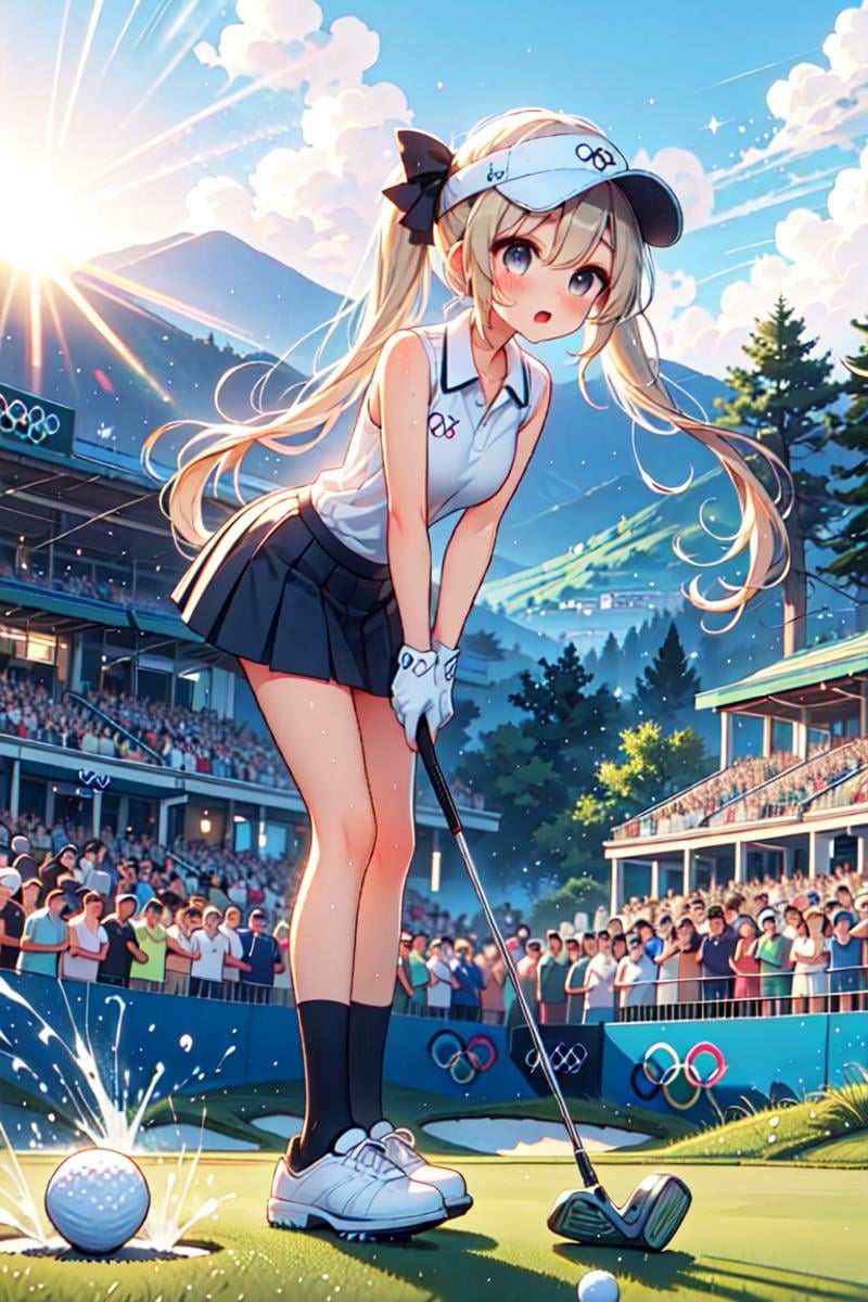 ((playing golf)), ((holding golf club)), ((golf course)), bent over, leaning forward, olympic rings, visor cap, polo shirt, sleeveless, skirt, ass, floating hair, blonde hair, twintails, ribbon, big tits, open mouth, shy, blush, frown, flare, close-up, scoreboard, outdoors, cloud, sky, sunrise, morning, <lora:girllikeplayinggolf:0.9>