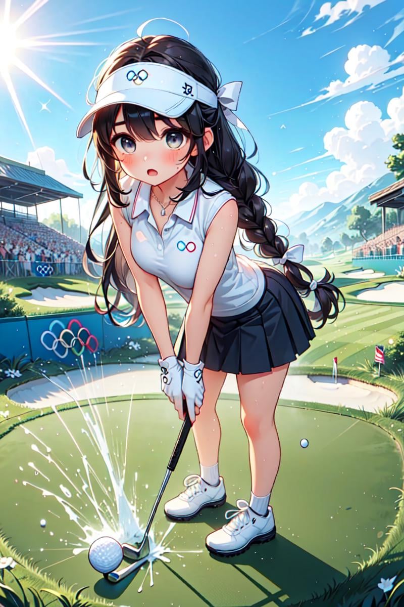 ((from above)), ((pretty face)), ((playing golf)), ((holding golf club)), ((golf course)), bent over, leaning forward, olympic rings, visor cap, polo shirt, sleeveless, skirt, ass, floating hair, brown hair, braid, wavy hair, messy hair, ribbon, big tits, open mouth, shy, blush, frown, close-up, scoreboard, outdoors, dark, turf, hill, shadow, cloud, wind, ball, wind, <lora:girllikeplayinggolf:0.9>