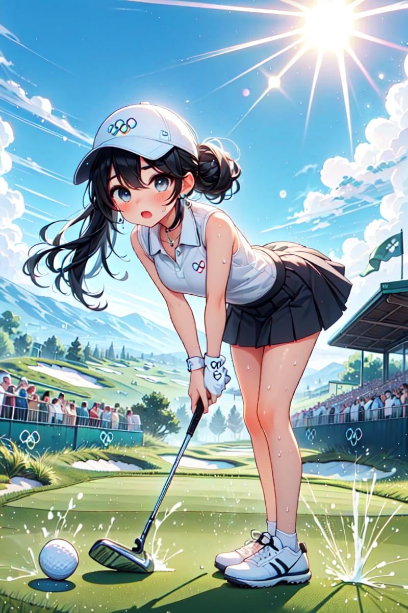 (((hilltop))), ((playing golf)), ((holding golf club)), ((golf course)), bent over, leaning forward, olympic rings, visor cap, polo shirt, sleeveless, skirt, ass, floating hair, black hair, updo, sidelocks, ribbon, earrings, jewelry, big tits, open mouth, shy, blush, frown, flare, sun, flag, turf, scoreboard, sweat, cloud, close-up, [[ball]], <lora:girllikeplayinggolf:0.9>