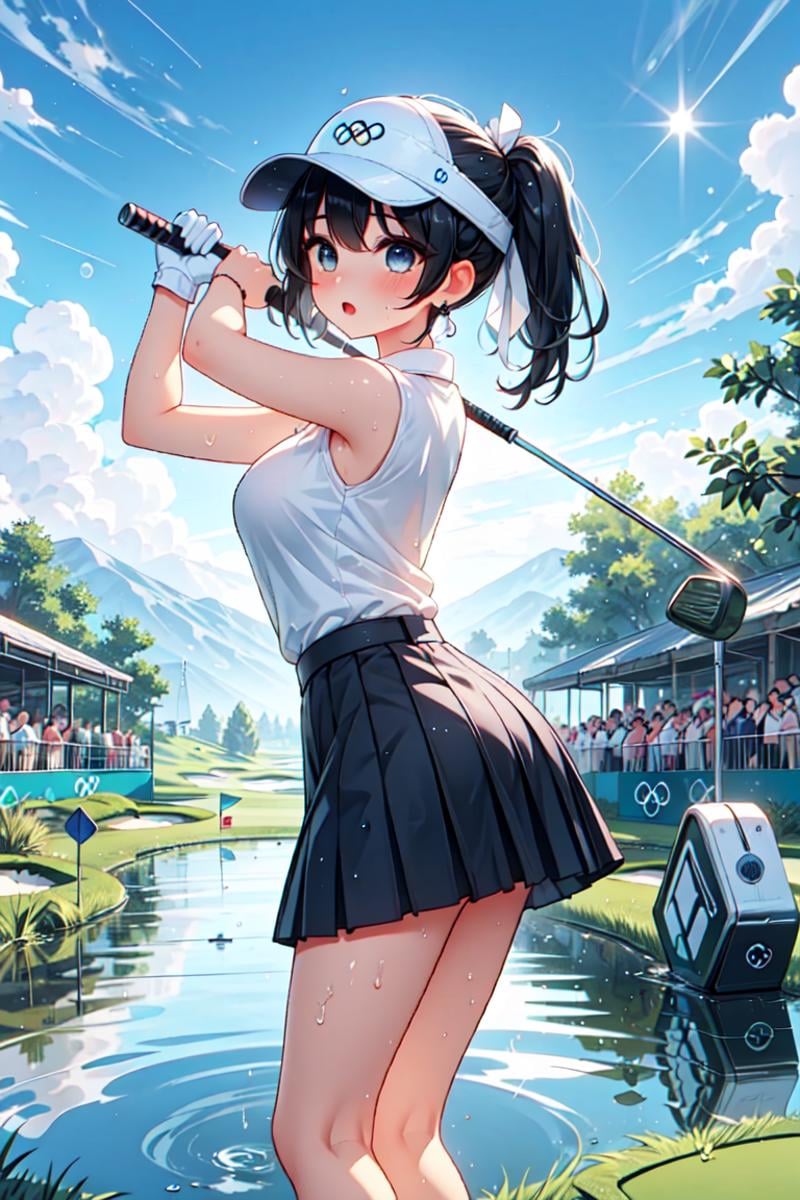 (((partially submerged in pond))), ((playing golf)), ((holding golf club)), ((golf course)), bent over, leaning forward, olympic rings, visor cap, polo shirt, sleeveless, skirt, ass, floating hair, black hair, updo, sidelocks, ribbon, earrings, jewelry, big tits, open mouth, shy, blush, frown, flare, sun, flag, turf, scoreboard, sweat, cloud, close-up, [[ball]], <lora:girllikeplayinggolf:0.8>