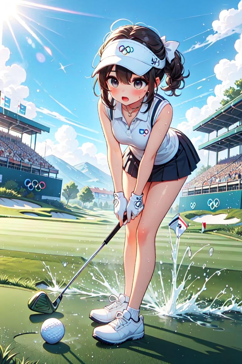 ((playing golf)), ((holding golf club)), ((golf course)), bent over, leaning forward, olympic rings, visor cap, polo shirt, sleeveless, skirt, ass, floating hair, brown hair, braid, ribbon, big tits, open mouth, shy, blush, frown, close-up, scoreboard, outdoors, dark, turf, hill, shadow, cloud, wind, ball, wind, <lora:girllikeplayinggolf:0.9>