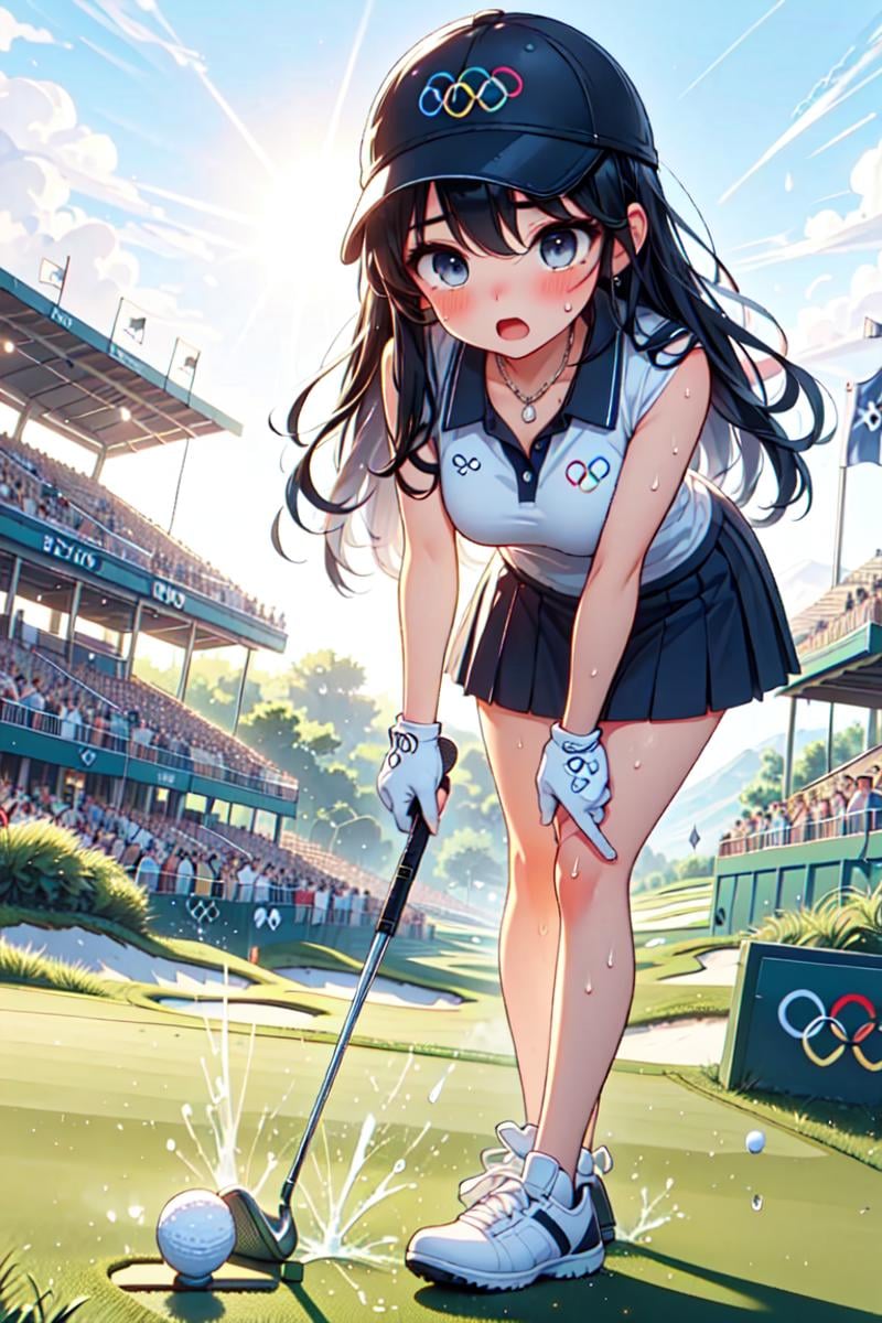 ((playing golf)), ((holding golf club)), ((golf course)), bent over, leaning forward, olympic rings, cap, polo shirt, sleeveless, skirt, ass, floating hair, big tits, open mouth, shy, blush, frown, sweat, flare, sun, flag, turf, scoreboard, close-up, <lora:girllikeplayinggolf:0.9>