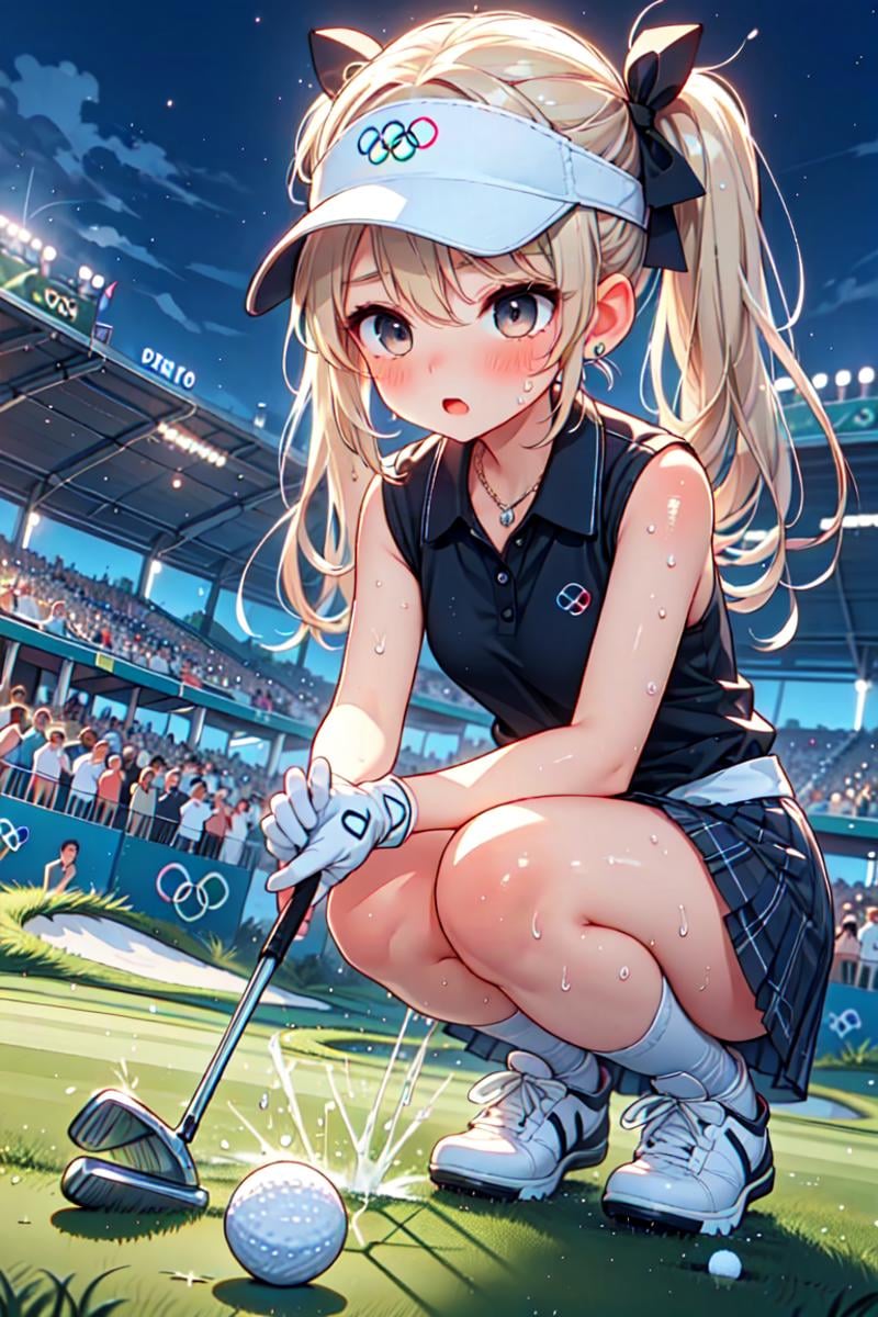 (((from below))), (((close-up))), ((playing golf)), ((holding golf club)), ((golf course)), ((squatting on one knee)), bent over, leaning forward, olympic rings, visor cap, polo shirt, sleeveless, plaid skirt, ass, floating hair, blonde hair, twintails, ribbon, earrings, jewelry, big tits, open mouth, shy, blush, frown, searchlight, night, flag, turf, scoreboard, sweat, cloud, [[ball]], <lora:girllikeplayinggolf:0.9>