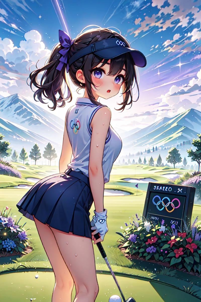 ((playing golf)), ((holding golf club)), ((golf course)), bent over, leaning forward, olympic rings, visor cap, polo shirt, sleeveless, skirt, ass, floating hair, brown hair, braid, ribbon, big tits, open mouth, shy, blush, frown, flare, close-up, scoreboard, outdoors, dark, shadow, cloud, (((twilight, evening, purple sky, indigo sky))), <lora:girllikeplayinggolf:0.9>