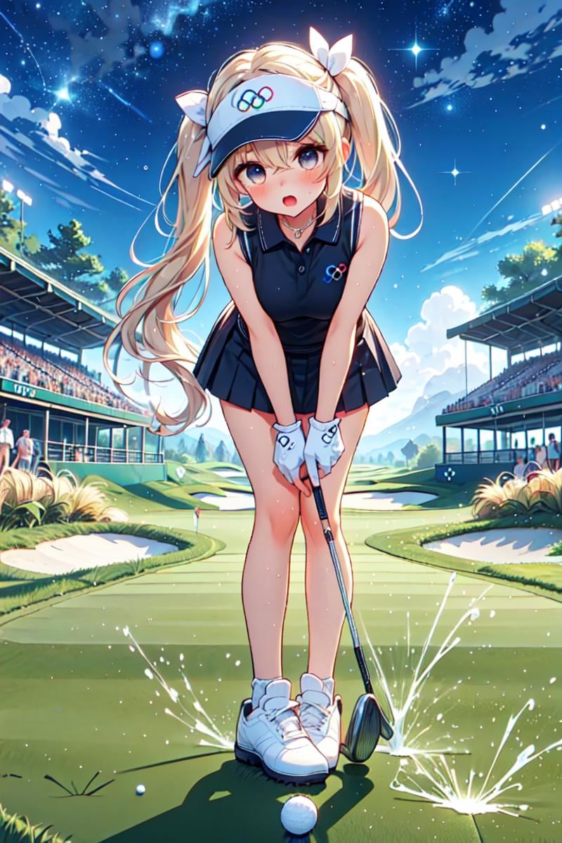 ((playing golf)), ((holding golf club)), ((golf course)), bent over, leaning forward, olympic rings, visor cap, polo shirt, sleeveless, skirt, ass, floating hair, blonde hair, twintails, ribbon, big tits, open mouth, shy, blush, frown, flare, close-up, scoreboard, outdoors, cloud, night, starry sky, <lora:girllikeplayinggolf:0.9>