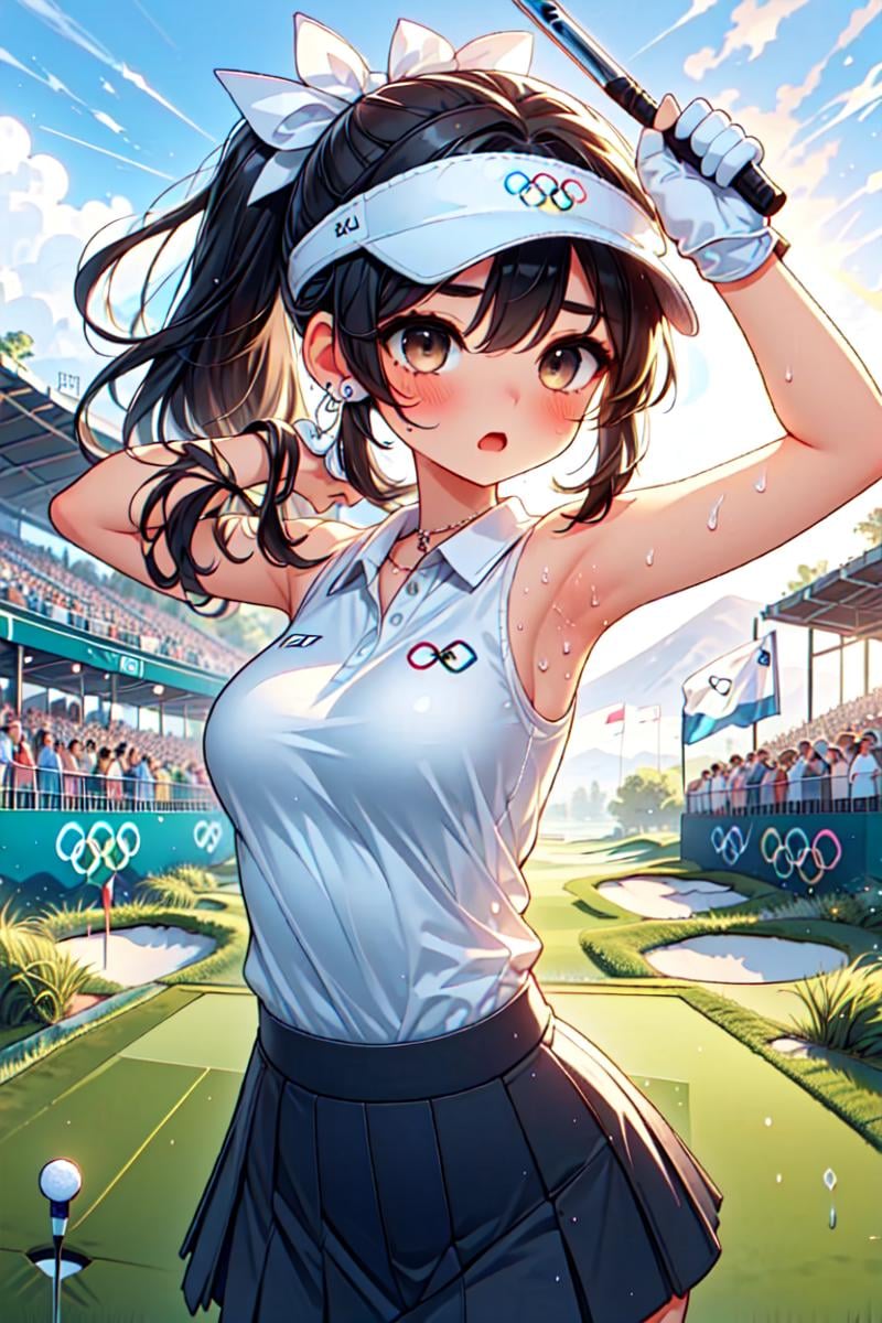 ((facing viewer)), ((holding golf club stick)), ((playing golf)), ((golf course)), ((armpits)), olympic rings, visor cap, polo shirt, sleeveless, skirt, floating hair, brown hair, ponytail, ribbon, earrings, jewelry, big tits, open mouth, shy, blush, frown, sunset, sunrise, flag, turf, scoreboard, sweat, cloud, [[ball]], <lora:girllikeplayinggolf:1.1>