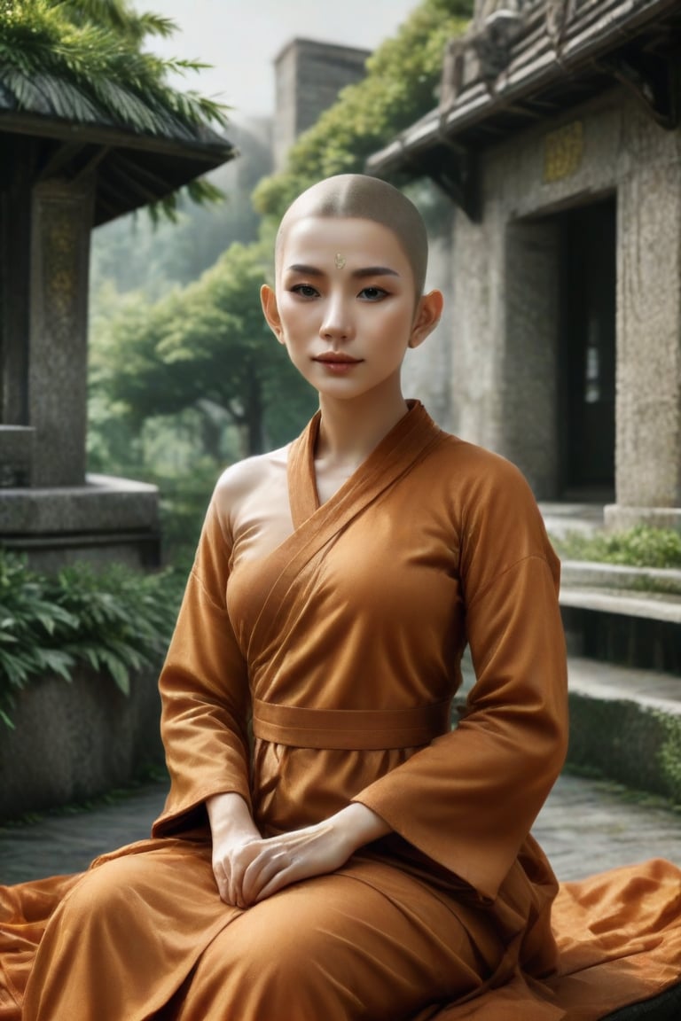 A serene Buddhist monkess, clad in traditional orange robes, sits majestically against a stunning backdrop of lush greenery and ancient stone structures. Her piercing brown eyes radiate inner peace as she cradles a sacred text, her delicate features illuminated by warm morning light filtering through the misty veil.,Supreme,Buhhdism 3555,Truly Asian Beauty