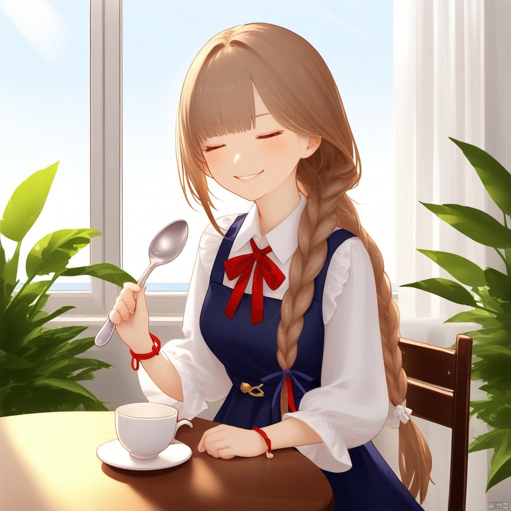 nai二次元风格,1girl, solo, closed eyes, sitting, smile, cup, brown hair, red ribbon, ribbon, neck ribbon, shirt, braid, holding, white shirt, bracelet, long hair, spoon, indoors, facing viewer, table, dress, window, jewelry, closed mouth, collared shirt, bow, hair over shoulder, blunt bangs, long sleeves, plant, hair bow, holding spoon, white bow, chair, sleeveless dress, saucer, teacup, sleeveless, single braid, ^_^, coffee