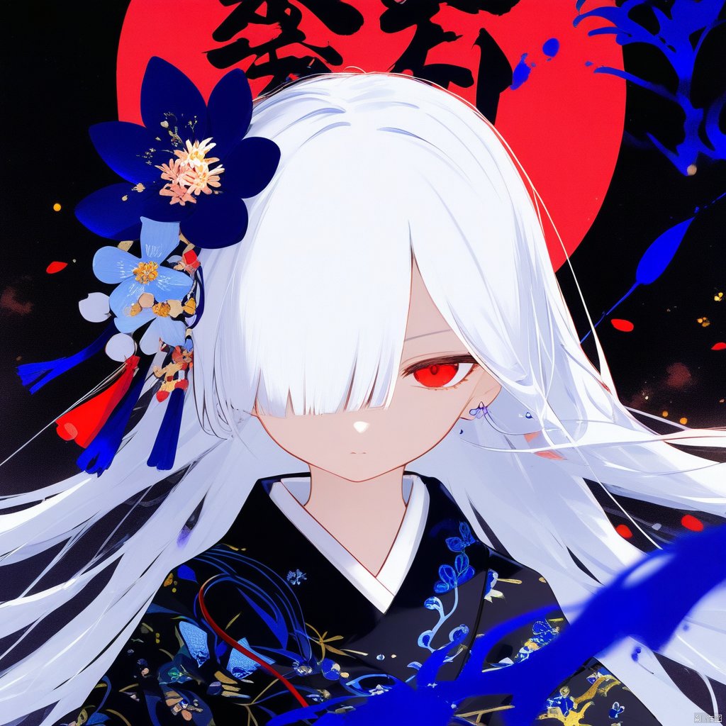 nai二次元风格,1girl, solo, japanese clothes, hair over one eye, red eyes, hair ornament, kimono, mole under eye, flower, hair flower, long hair, looking at viewer, white hair, mole, blue flower, upper body, closed mouth, black kimono, floral print