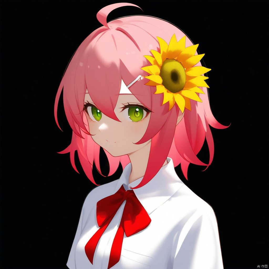 nai二次元风格,1girl, honma himawari, solo, hair ornament, green eyes, flower, sunflower, hair flower, black background, ahoge, pink hair, looking at viewer, simple background, red ribbon, neck ribbon, upper body, ribbon, closed mouth, virtual youtuber, shirt, cropped torso, sunflower hair ornament, short hair, school uniform, blunt bangs, collared shirt, anya (spy x family), black dress