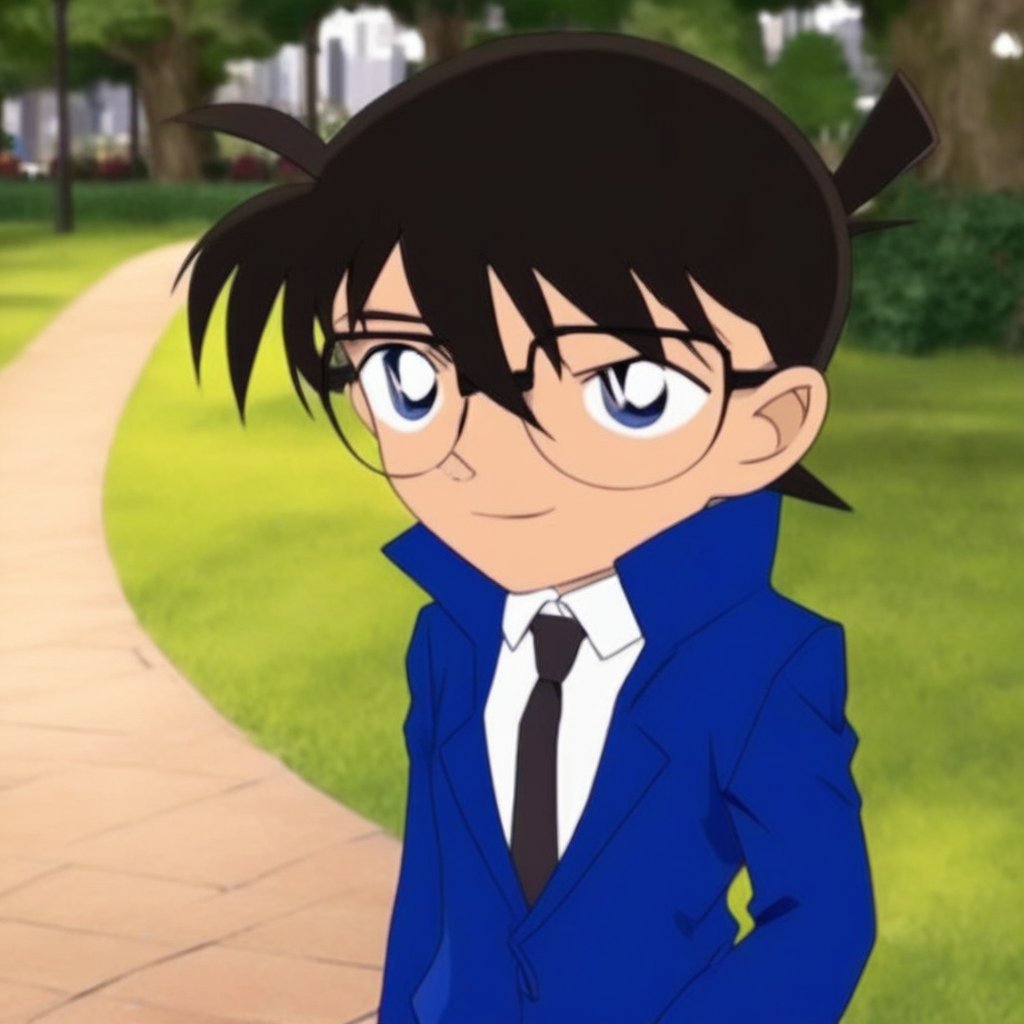 Detective conan, is walking on a park, anime,Conan