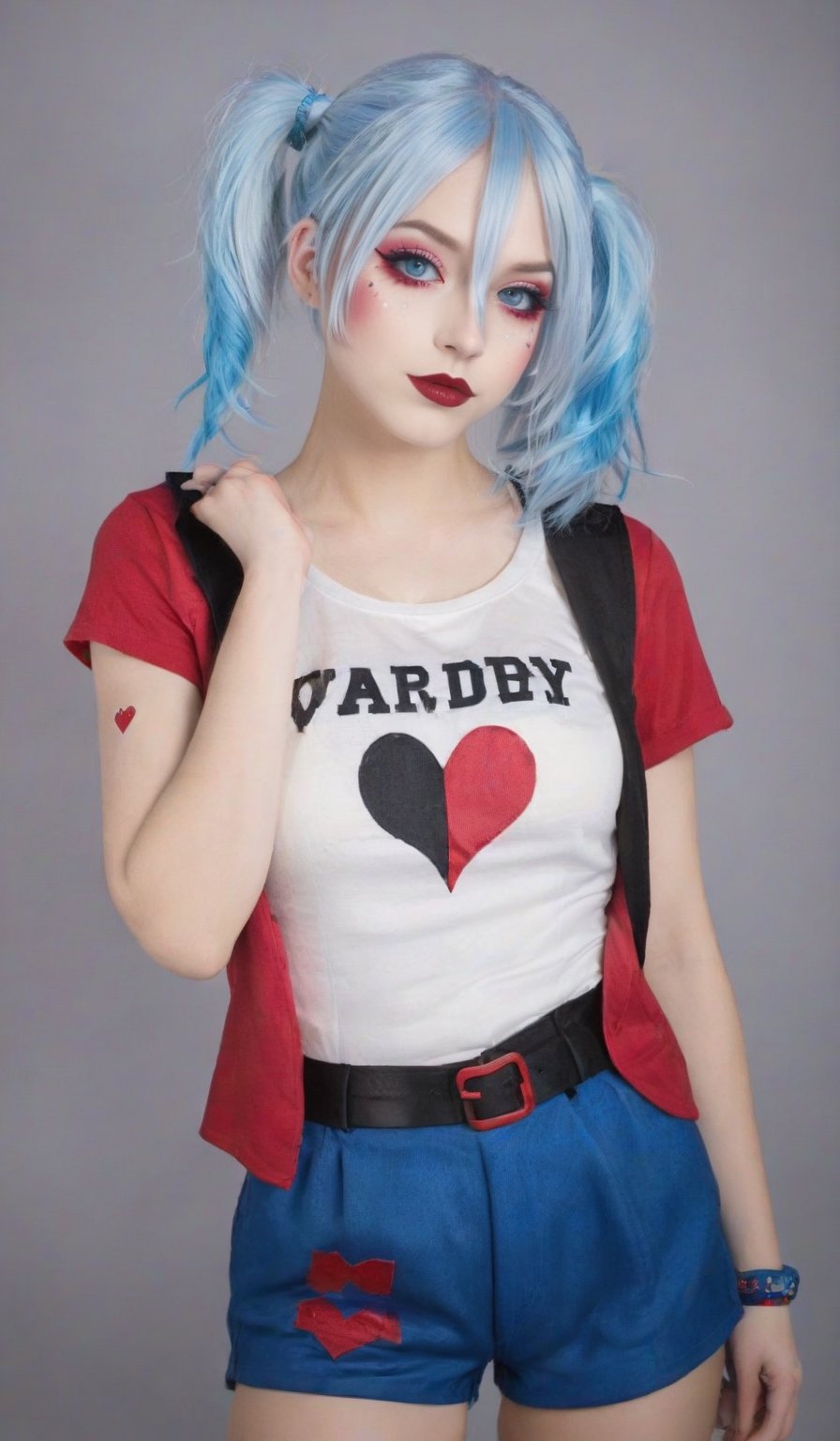 create a DIY Harley Quinn cosplay character :
Top: Use a white baseball tee with red sleeves. Customize it by writing "Daddy's Lil' Monster" with a black marker.
Bottom: Make or buy red and blue shorts. You can cut two pairs and sew them together for a half-and-half effect.
Accessories: Add fishnet stockings, a studded belt, and high-top Converse shoes.
Wig: Get a blonde wig styled in pigtails with blue and pink hair ties.
Makeup: Apply red eyeshadow on one eye and blue on the other, with black eyeliner. Draw a heart on one cheek and use temporary tattoos for details