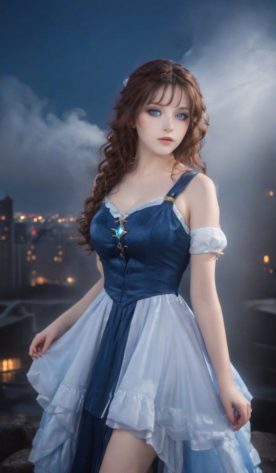 Veronika-inspired cosplayer posed against a dark, misty backdrop, donning a striking costume that mirrors the anime character's iconic attire. The model's long, curly brown hair cascades down her back as she gazes wistfully into the distance, her pale blue eyes gleaming with an air of mystery. Soft, ethereal lighting casts a warm glow on her porcelain skin, while the subtle misting effect adds depth and atmosphere to the scene.