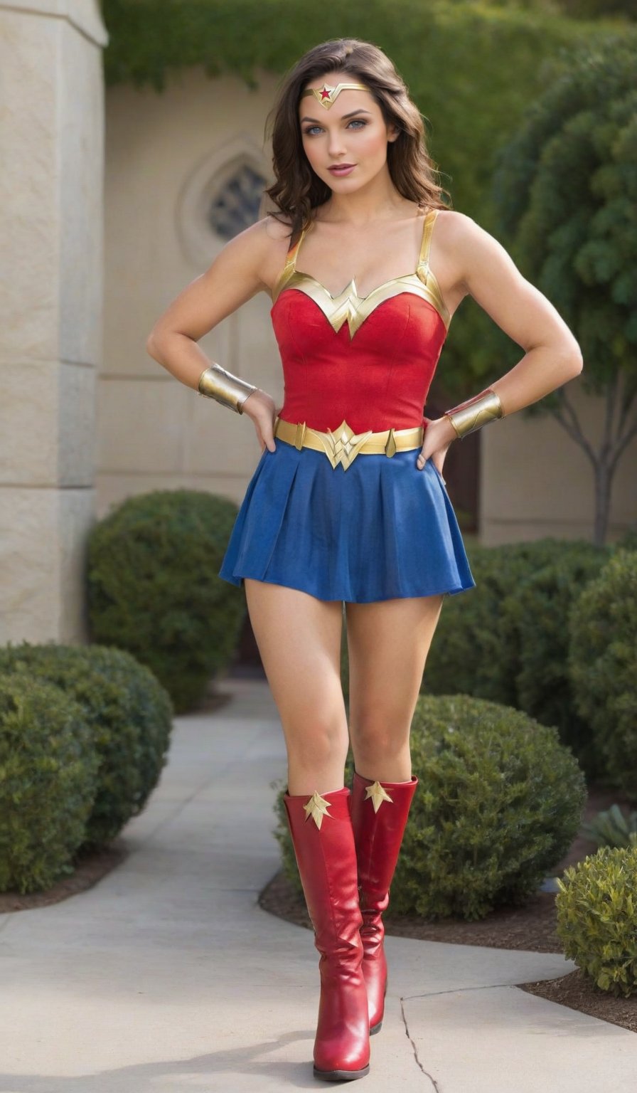 create a Wonder Woman cosplay character, His attire as follows:
Top: Use a red tank top or t-shirt. You can enhance it by adding the Wonder Woman emblem using gold duct tape or fabric paint.
Bottom: Pair it with a blue skirt or shorts. Decorate with white star stickers or fabric cutouts.
Accessories: Make a gold tiara from cardboard or gold foil. Create wristbands using gold craft foam or paper towel rolls wrapped in gold tape.
Footwear: Opt for red boots or heels to complete the look.
Lasso: Use gold rope or cording to mimic Wonder Woman's lasso.
This costume can be customized based on available materials and personal style preferences.