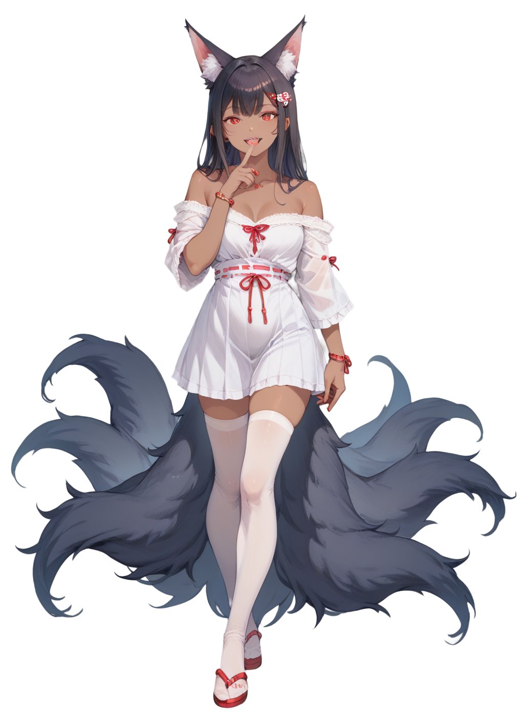 score_9, score_8_up, score_7_up,perfect eyes, kitsune, werewolf, red eyes, black skin, pretty girl, cute girl, teasing, (full_body)