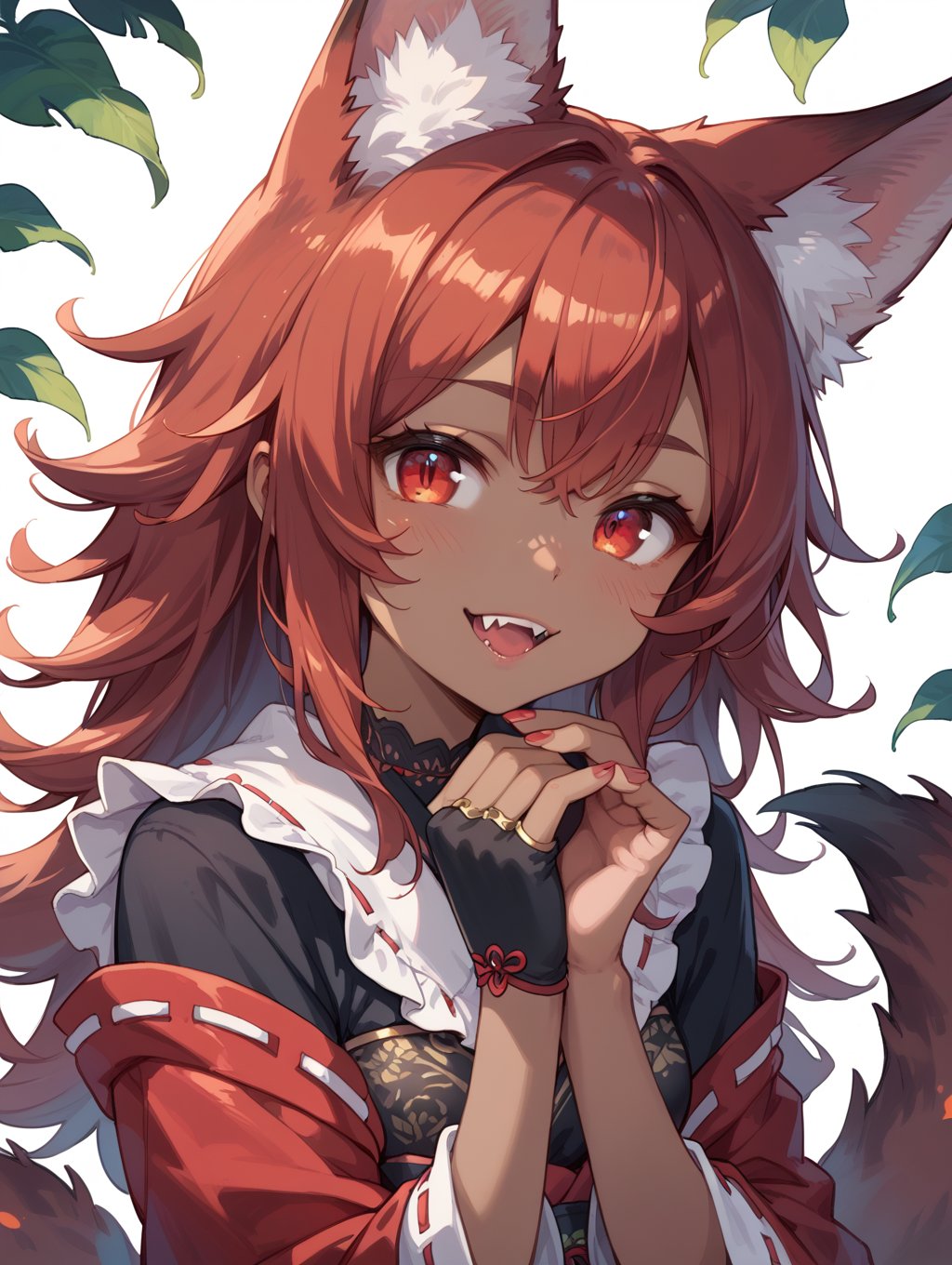 score_9, score_8_up, score_7_up,perfect eyes, kitsune, werewolf, red eyes, black skin, pretty girl, cute girl, teasing