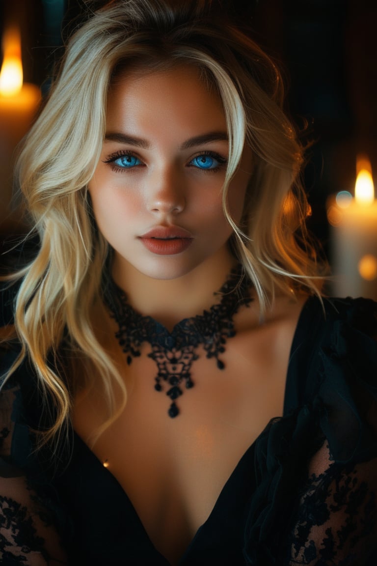 Close-up shot of a super cute blonde woman illuminated by soft, warm candlelight in a dimly lit room. Her bright locks stand out against the dark background, and her porcelain skin glows with a subtle sheen. She's dressed in all-black attire, complete with a flowing black dress and choker necklace, exuding mysterious allure. Her piercing blue eyes lock onto the camera, sparkling with mischief as she pouts slightly, showcasing her plump lips.