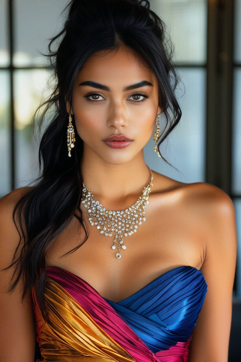 Beautiful woman ,solo, looking at viewer, long hair, black hair, ponytail , dress, bare shoulders, brown eyes, jewelry, closed mouth, upper body, earrings, necklace, random color dress, lips, strapless, makeup, realistic, analog photograph, professional fashion photoshoot, hyperrealistic, masterpiece, trending on artstation