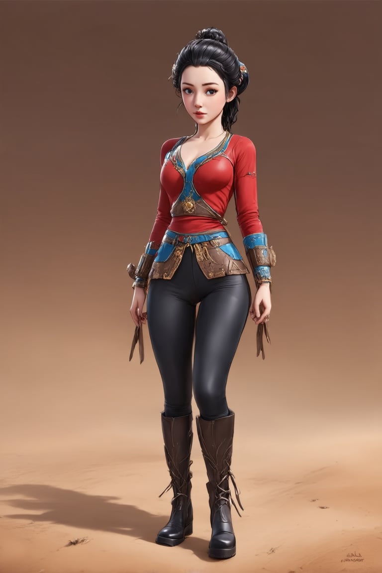 women. beautiful detailed face, black hair, pale skin, light skin, realistic skin, detailed desert texture, detailed hair texture, perfect proportion, accurate, anatomically correct, highly detailed skin and face texture, modern, photorealistic, perfect face, hyper realism, mega realism, high quality. warrior, ancient mongolia, messy hairstyle. whole body. black pants, black boots,digital art