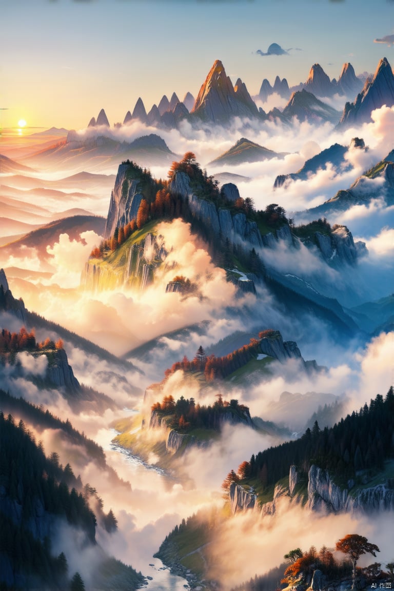 
Steep mountains, winding rivers, shrouded in clouds and mist, beautiful scenery with brilliant colors, sunrise, landscape shots (distant), wallpaper, extremely high resolution, masterpiece, high quality,