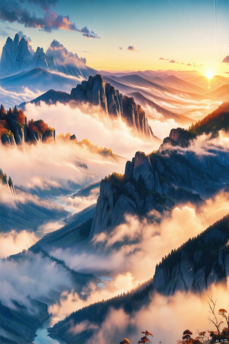 
Steep mountains, winding rivers, shrouded in clouds and mist, beautiful scenery with brilliant colors, sunrise, landscape shots (distant), wallpaper, extremely high resolution, masterpiece, high quality,