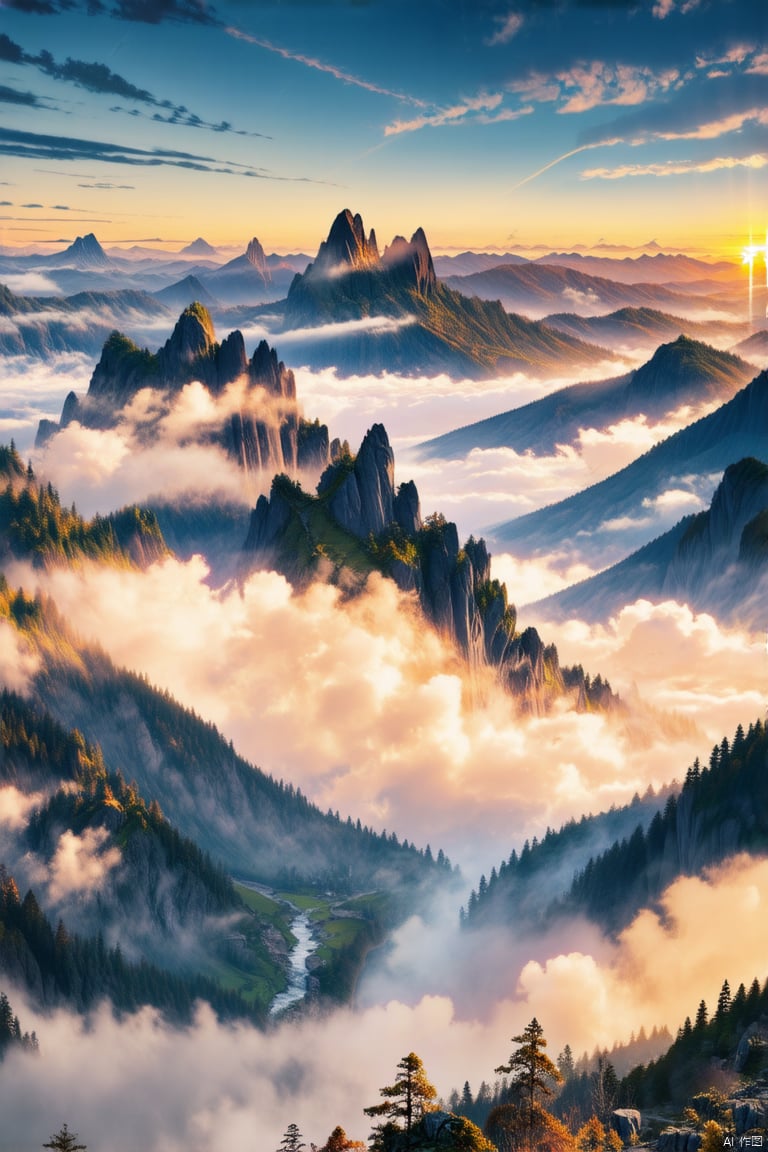 
Steep mountains, winding rivers, shrouded in clouds and mist, beautiful scenery with brilliant colors, sunrise, landscape shots (distant), wallpaper, extremely high resolution, masterpiece, high quality,