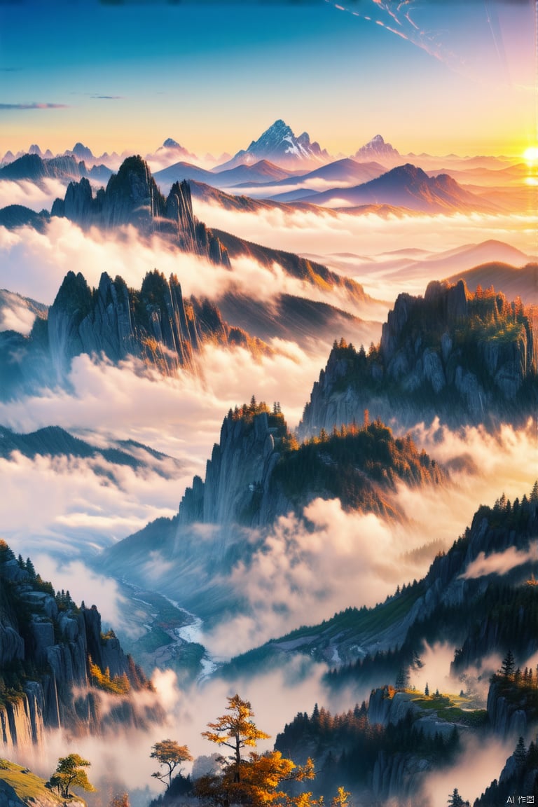 
Steep mountains, winding rivers, shrouded in clouds and mist, beautiful scenery with brilliant colors, sunrise, landscape shots (distant), wallpaper, extremely high resolution, masterpiece, high quality,