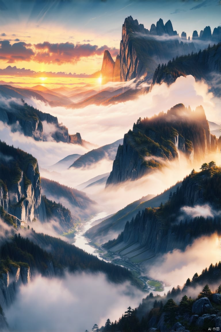 
Steep mountains, winding rivers, shrouded in clouds and mist, beautiful scenery with brilliant colors, sunrise, landscape shots (distant), wallpaper, extremely high resolution, masterpiece, high quality,