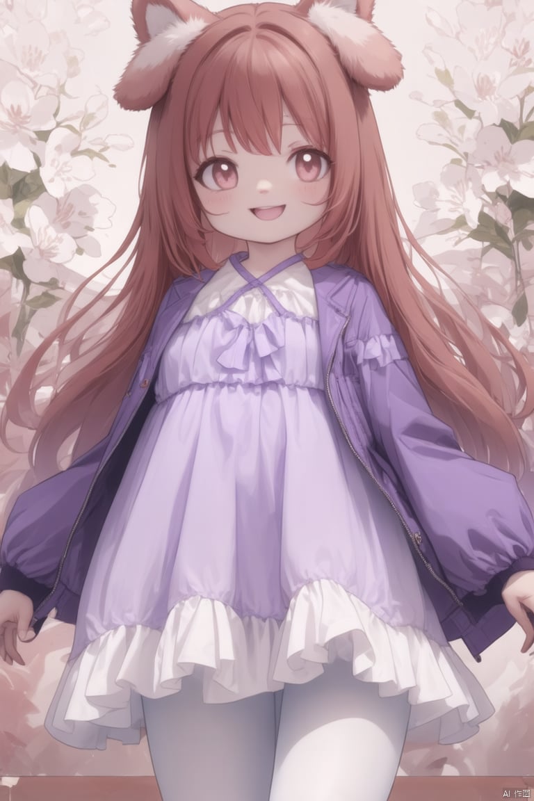 1girl, solo, long hair, looking at viewer, blush, smile, open mouth, bangs, brown hair, long sleeves, dress, animal ears, very long hair, jacket, flower, :d, pantyhose, frills, open clothes, puffy sleeves, white dress, open jacket, animal ear fluff, sleeves past wrists, halterneck, frilled dress, white flower, dog ears, purple dress, puffy long sleeves, white pantyhose, criss-cross halter, purple jacket