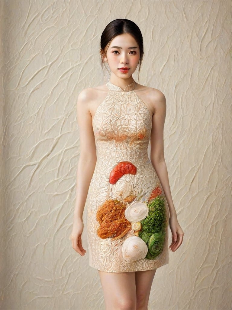 The image is an artistic representation of a female figure wearing a unique outfit. The outfit is a pencil dress that are designed to resemble a variety of the  Vietnamese white noodles, vegetables, meat, and sauces, arranged in a pattern that covers the entire garment. The figure is standing against a plain background with a textured appearance. Notable features include the detailed depiction of the food items on the clothing and the signature of the artist at the bottom right corner. The overall impression is one of creativity and fashion, blending the concept of clothing with culinary art.,Enhanced Realistic,Pho