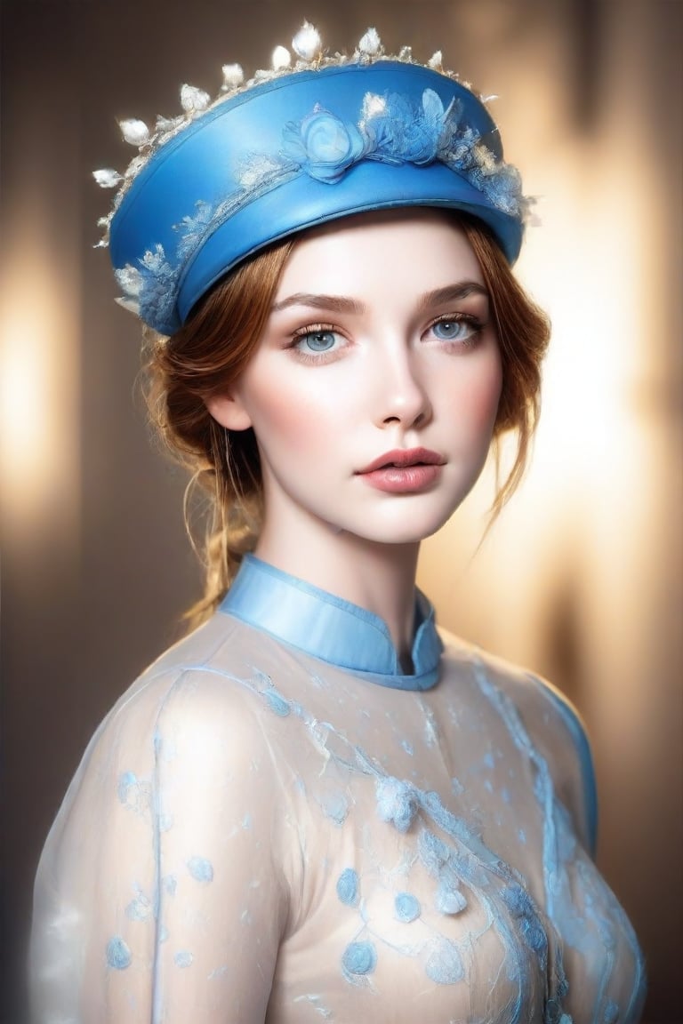 The image captures a close-up of a woman's face and upper attire. The focus is on her facial features, which include her eyes, nose, lips, and skin. She is wearing a blue hat adorned with decorative buttons, suggesting a vintage or formal style. The soft lighting enhances the texture of her skin and the subtle makeup she has applied. The image evokes a sense of elegance and sophistication.,Supreme,Truly Asian Beauty,1girl