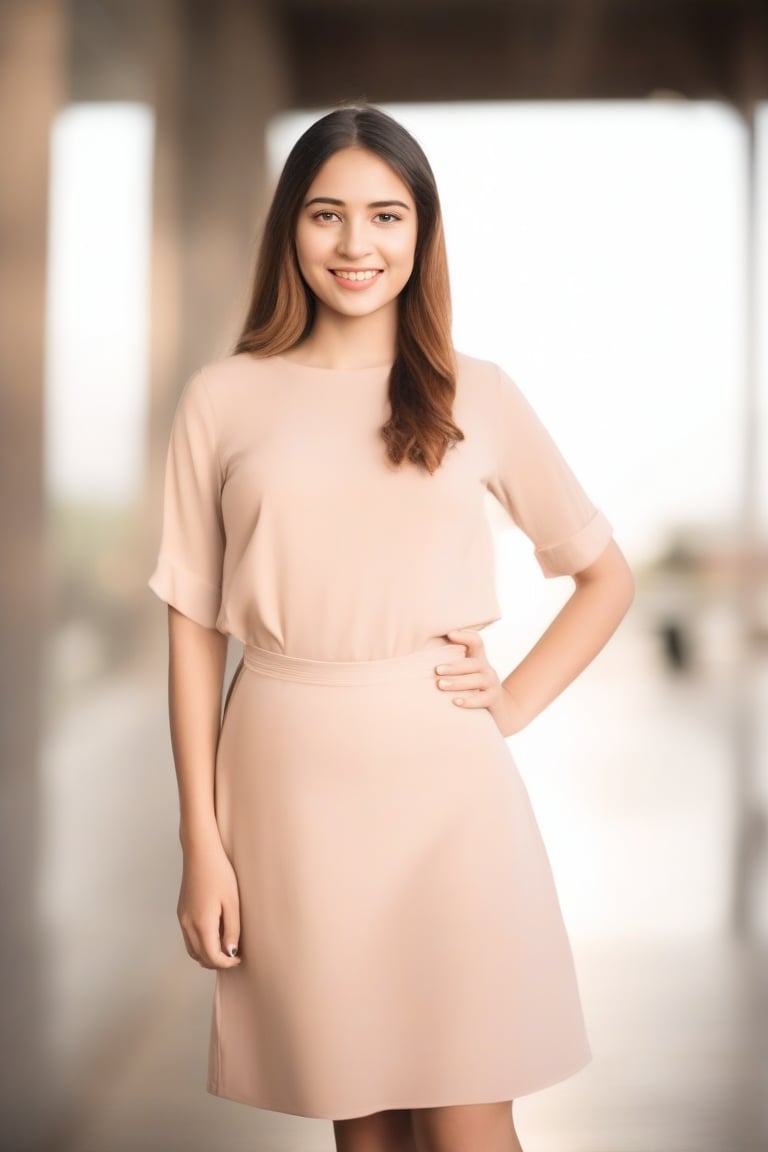 Create an image of a single girl, framed in a medium shot, standing confidently with a gentle smile. The lighting is soft and natural, highlighting her features and the subtle colors of her attire. The composition focuses on her expressive eyes and relaxed posture, conveying a sense of warmth and approachability. The background is blurred, drawing attention to her presence.