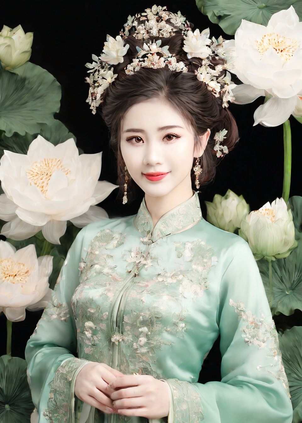 (ancient traditional Chinese lady),(ultra-fine Pale green pointillism),lacquerwork,fusuma picture,extremely delicated and beautiful,8K,faint smile,Matte color,(illustration Style),(beautiful detailed eyes:1.2),Lotus flowers,an indescribable atmosphere,super model,