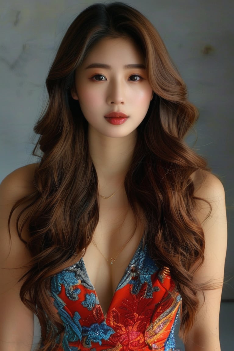 A stunning Korean beauty poses elegantly in a well-lit studio setting, her long brown locks styled in glamorous pin curls that cascade down her back like molten honey. She wears a form-fitting Western-style dress that accentuates her curves, its bold color contrasting beautifully with the soft, gentle hue of her hair.