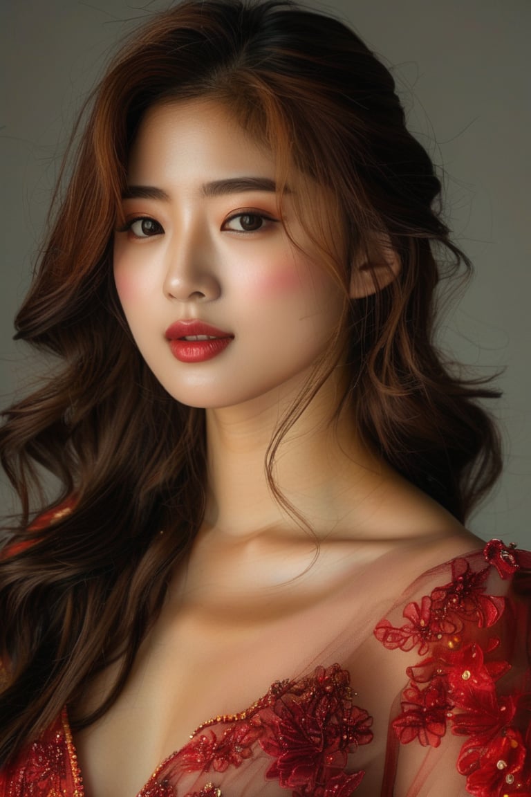 A stunning Korean beauty poses elegantly in a well-lit studio setting, her long brown locks styled in glamorous pin curls that cascade down her back like molten honey. She wears a form-fitting Western-style dress that accentuates her curves, its bold color contrasting beautifully with the soft, gentle hue of her hair.