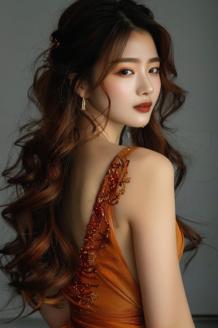 A stunning Korean beauty poses elegantly in a well-lit studio setting, her long brown locks styled in glamorous pin curls that cascade down her back like molten honey. She wears a form-fitting Western-style dress that accentuates her curves, its bold color contrasting beautifully with the soft, gentle hue of her hair.