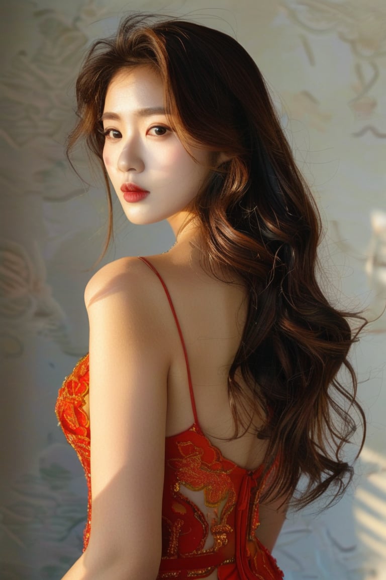 A stunning Korean beauty poses elegantly in a well-lit studio setting, her long brown locks styled in glamorous pin curls that cascade down her back like molten honey. She wears a form-fitting Western-style dress that accentuates her curves, its bold color contrasting beautifully with the soft, gentle hue of her hair.