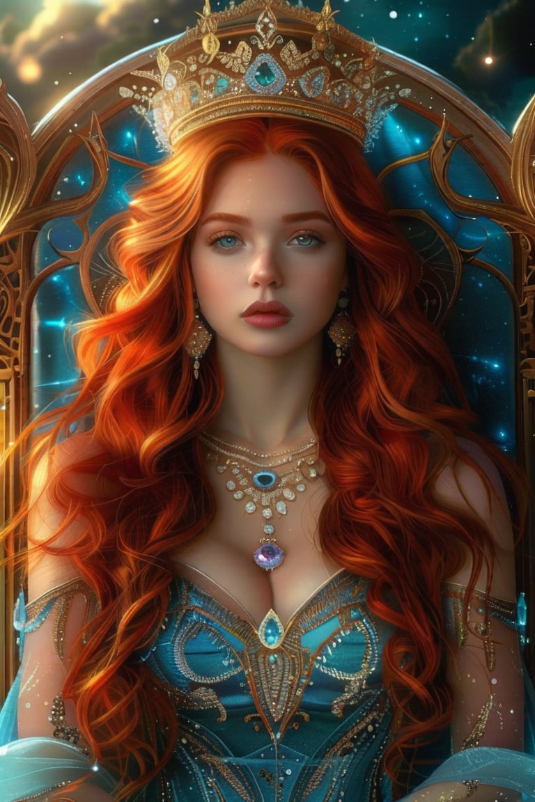 ((Close-up portrait) ), (RAW Photo) , Stunning portrait of the beautiful Queen of the Cosmos, with suntan skin, sitting on an Etheral Throne, ((Gorgeous Long Curly Red Hair:1.1) ), Use warm tones and soft lighting.