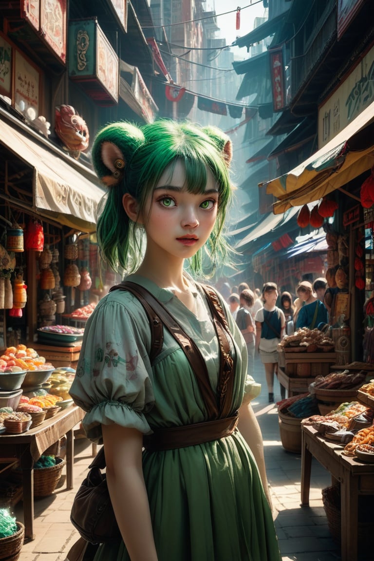 A young girl with green eyes, her upper body in focus as she navigates through a bustling market, filled with strange creatures and exotic goods in a fantastical city