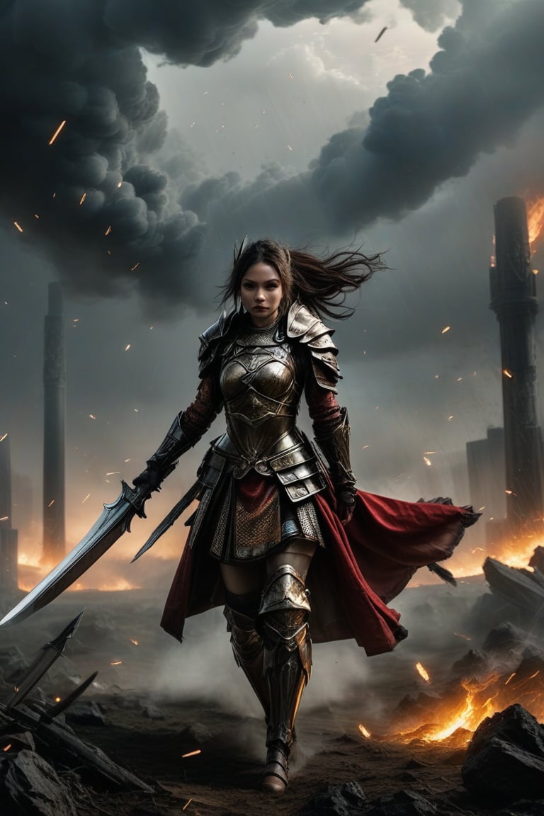 A warrior girl in shining armor, her upper body leading the charge on a smoky battlefield, with her sword raised high as the sky darkens above her